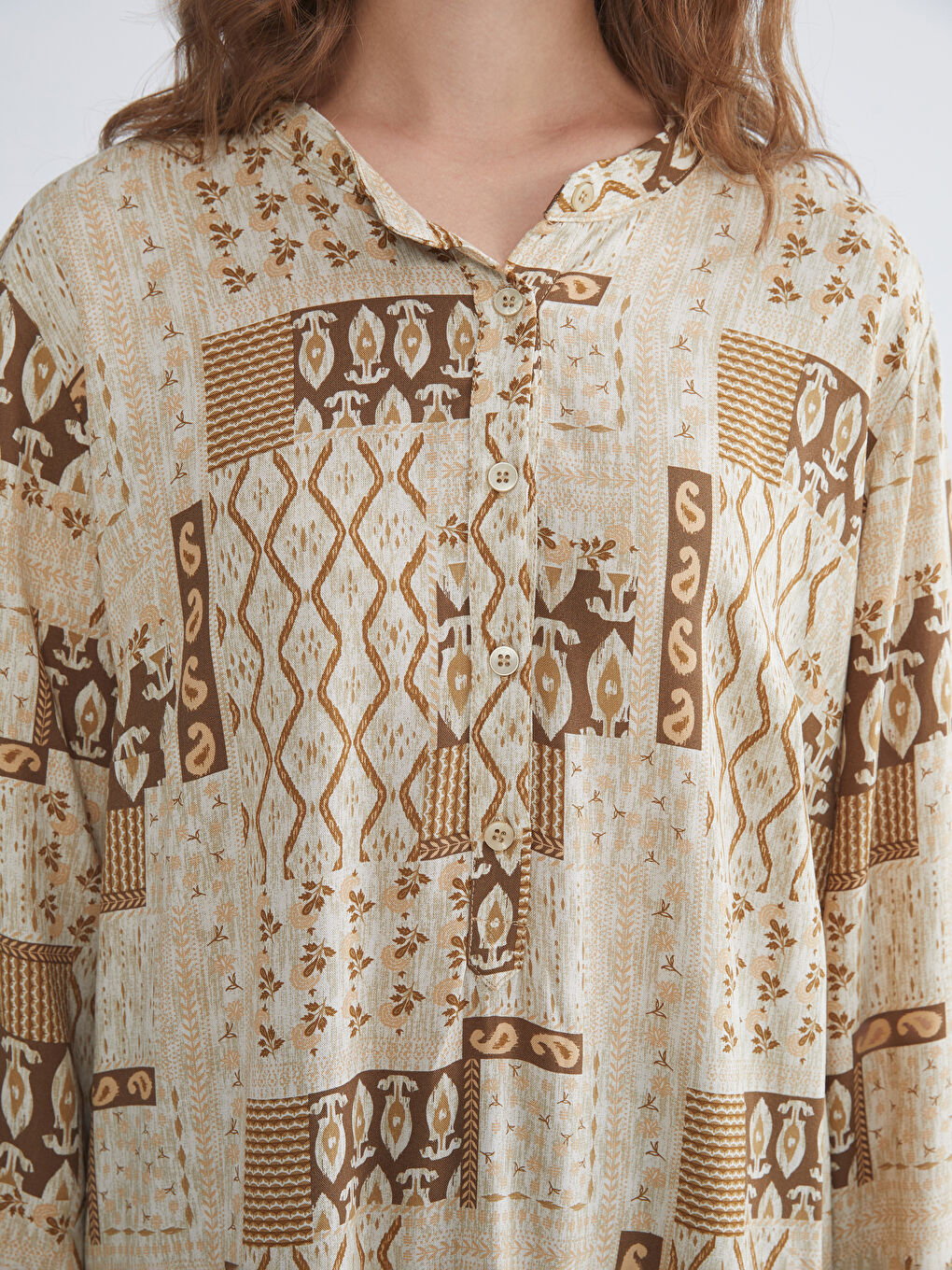 Bej Hakim Yaka Desenli Kadın Tunik-2