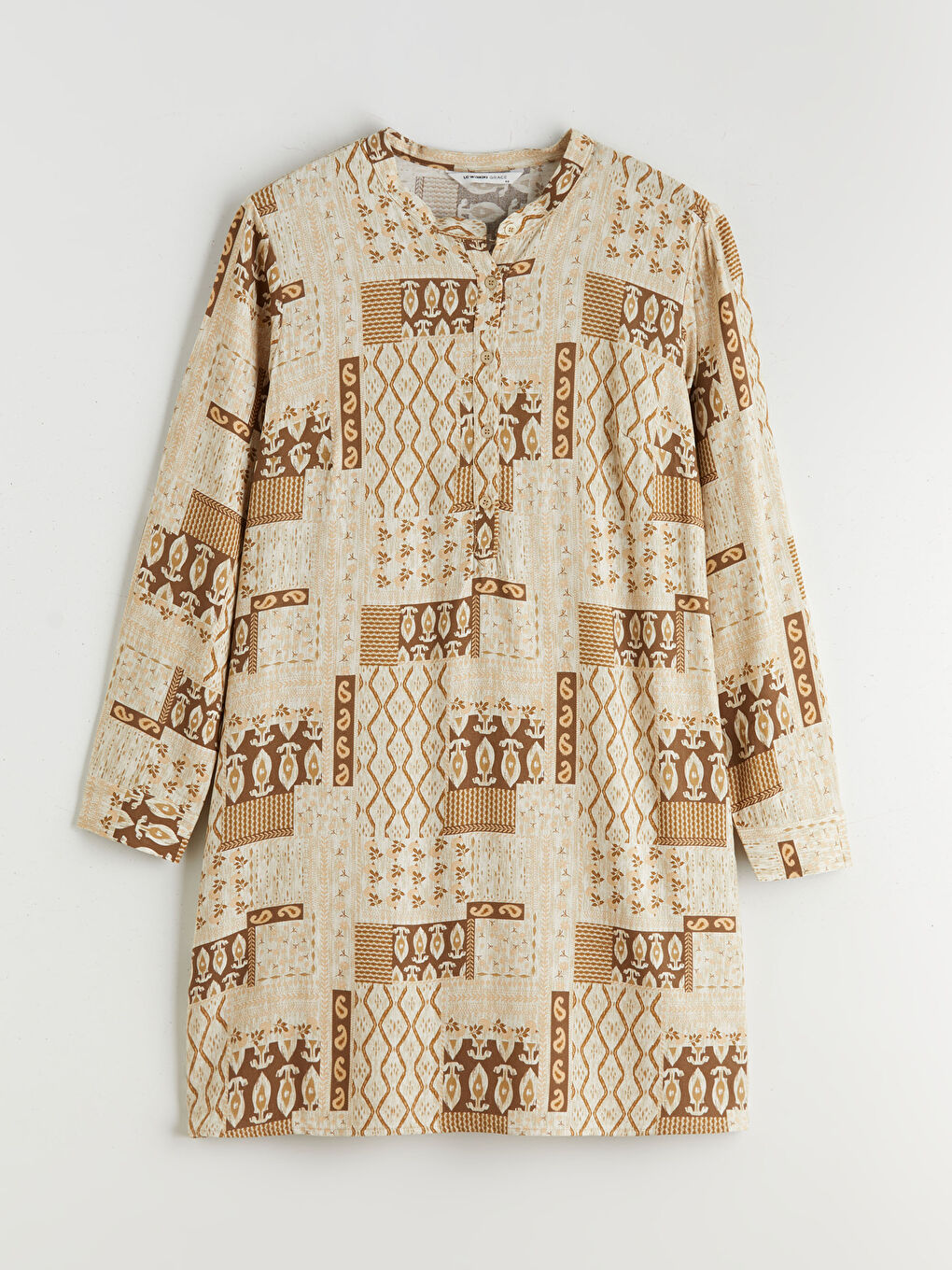 Bej Hakim Yaka Desenli Kadın Tunik-4