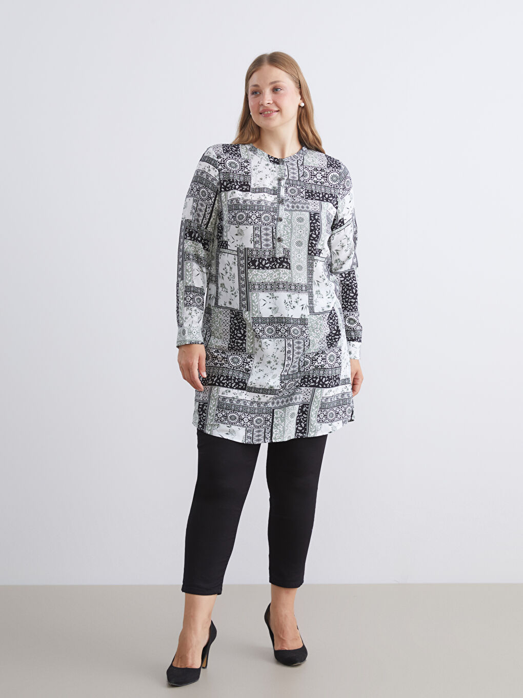 LCW Grace Grandad Collar Patterned Women's Tunic -W5ET36Z8-LQJ