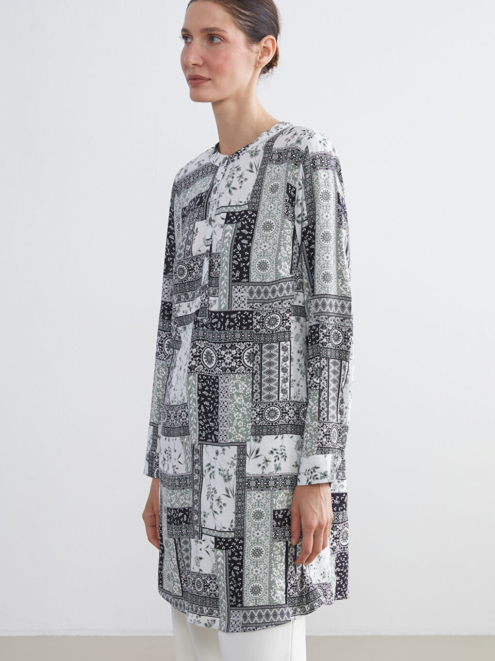 LCW Grace Grandad Collar Patterned Women's Tunic -W5ET36Z8-LQJ