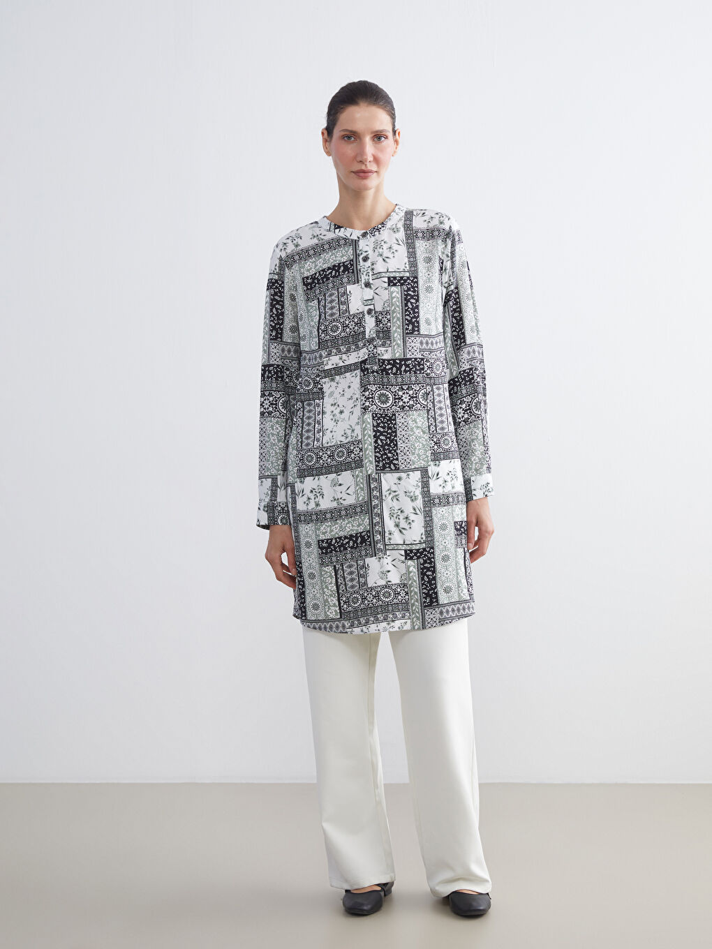 LCW Grace Grandad Collar Patterned Women's Tunic -W5ET36Z8-LQJ