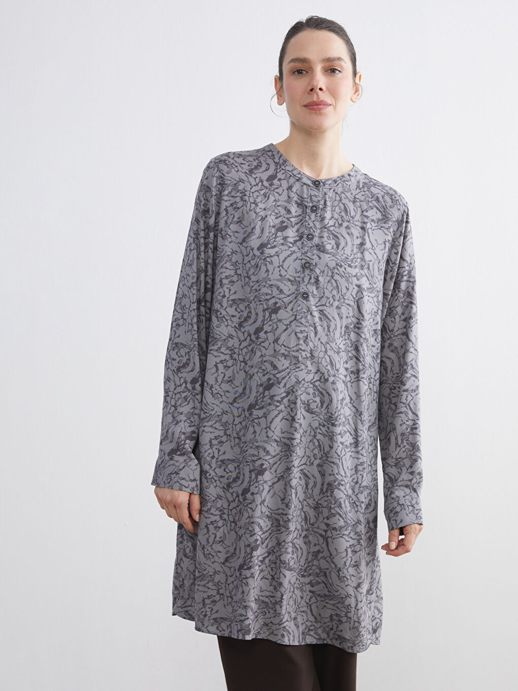 Grandad Collar Patterned Women's Tunic