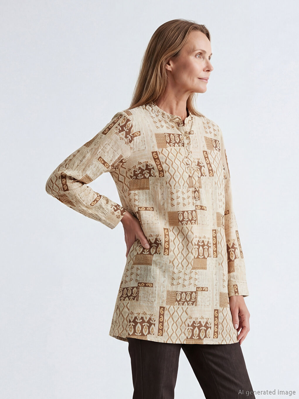 Bej Hakim Yaka Desenli Kadın Tunik