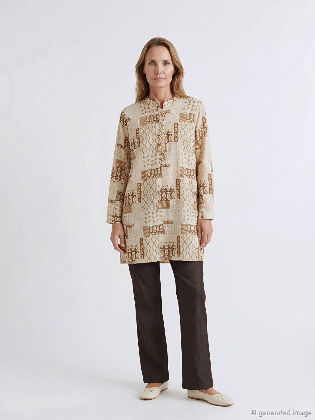 Bej Hakim Yaka Desenli Kadın Tunik-1