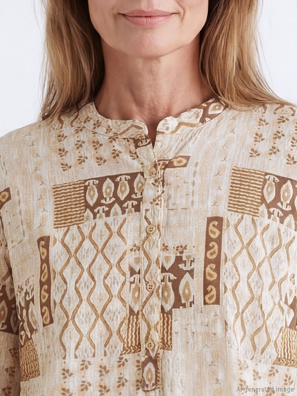 Bej Hakim Yaka Desenli Kadın Tunik-6