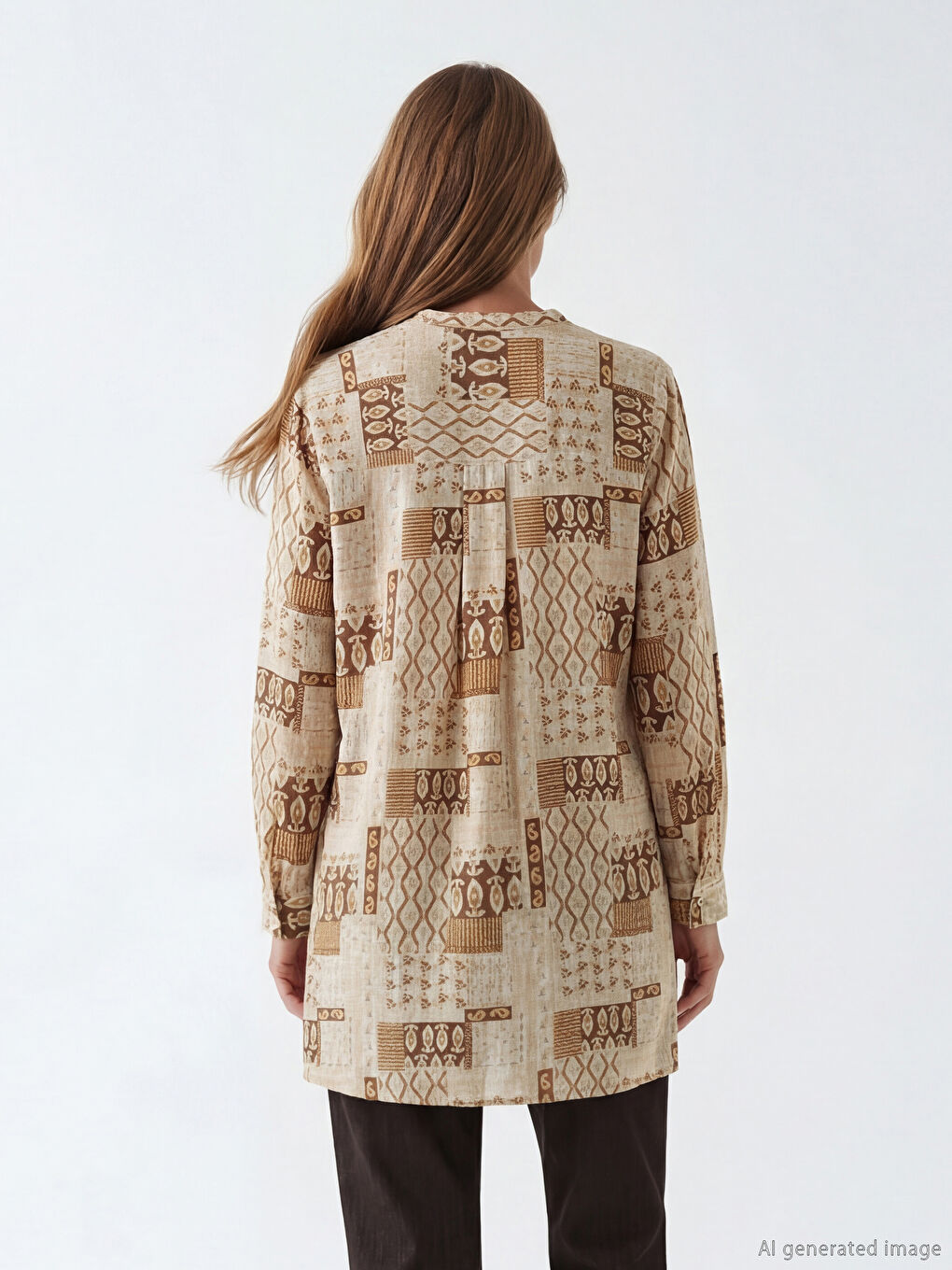 Bej Hakim Yaka Desenli Kadın Tunik-7