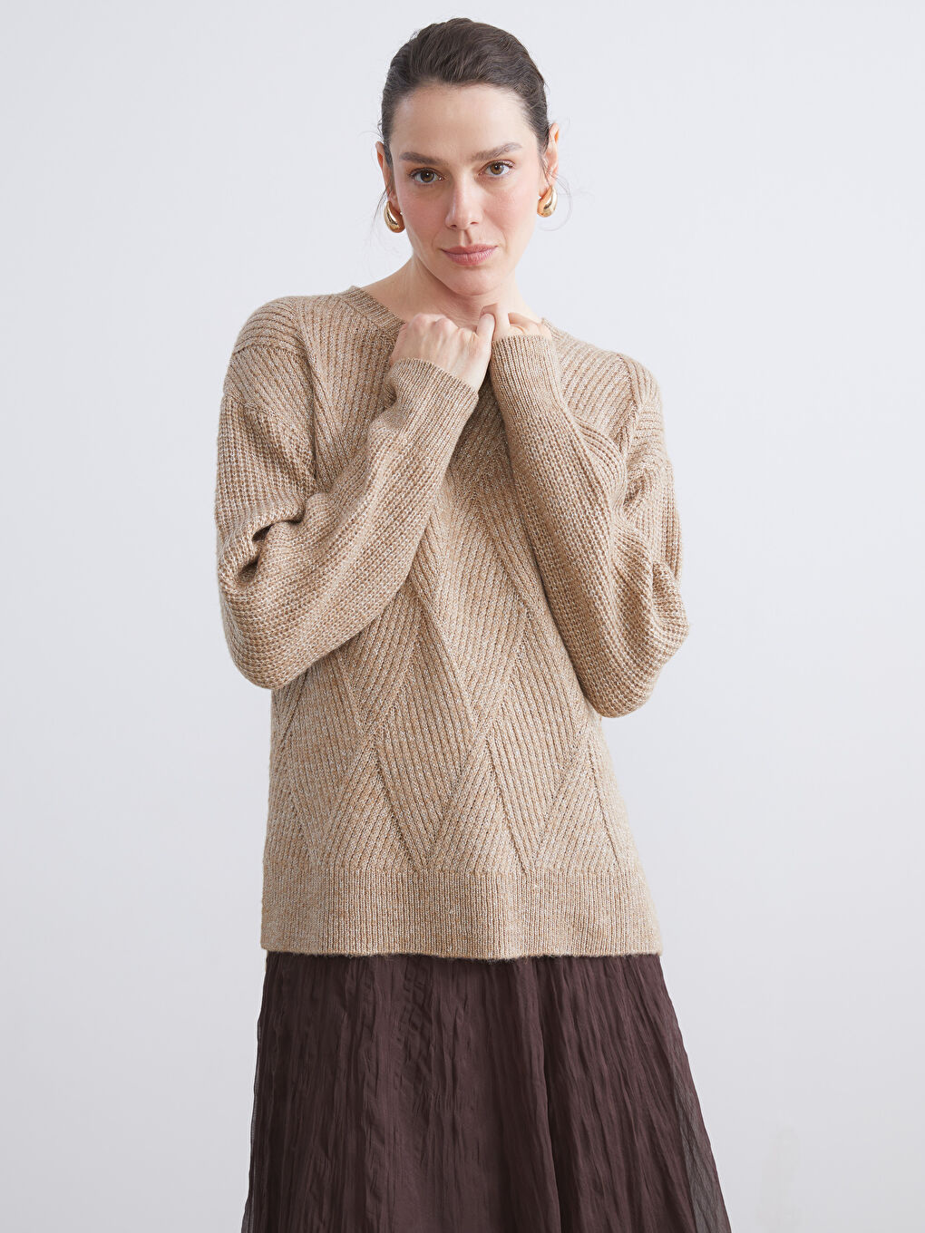 Crew Neck Argyle Pattern Women's Knitwear Sweater