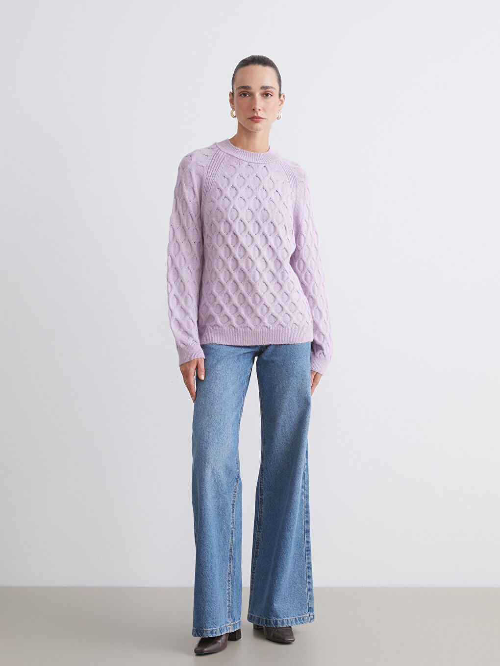 Crew Neck Self-Patterned Women's Knitwear Sweater-1