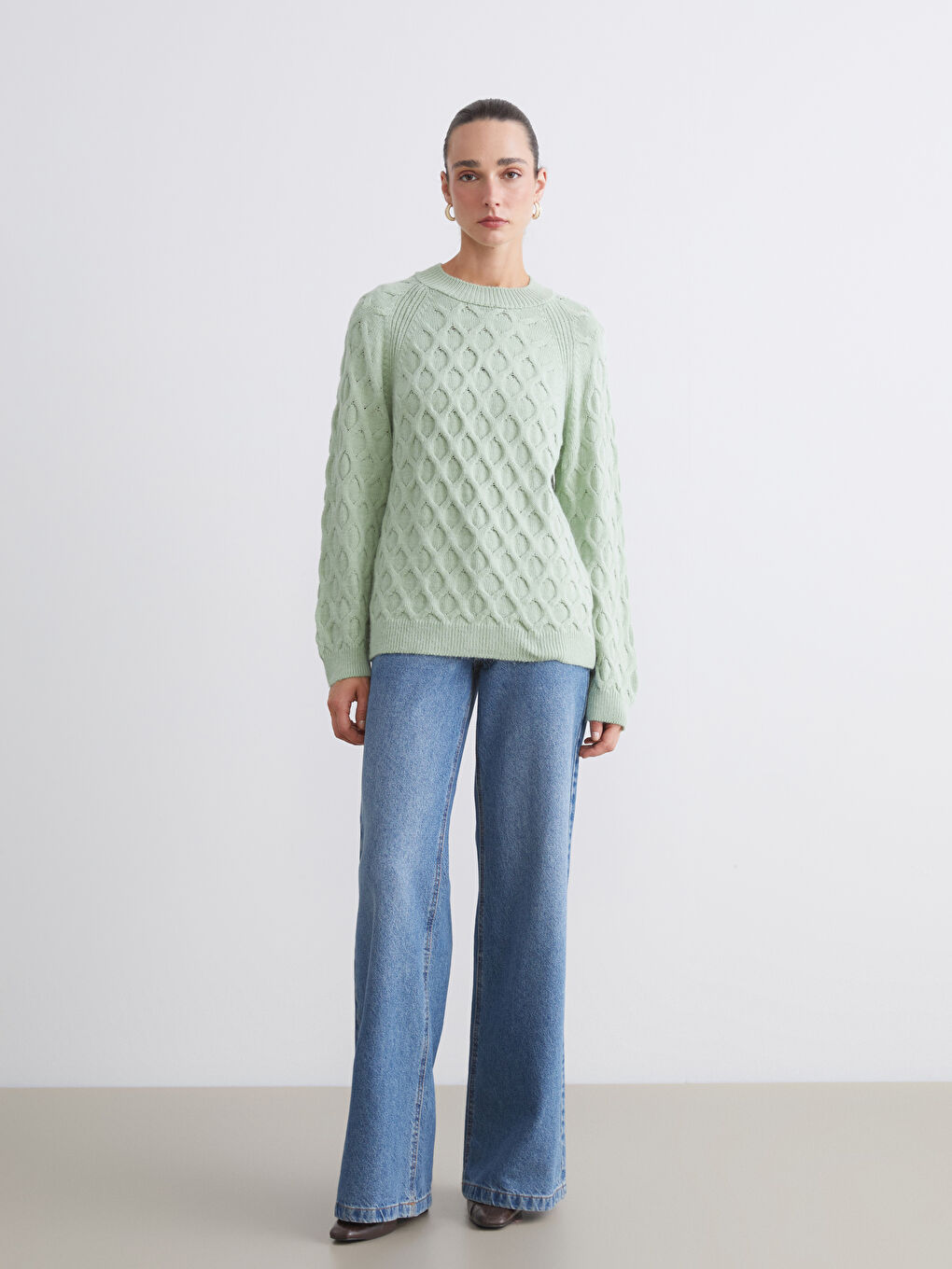 Crew Neck Self-Patterned Women's Knitwear Sweater-1