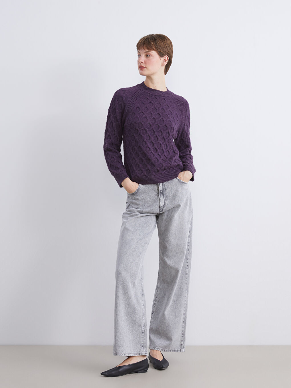 Mor Bisiklet Yaka Kendinden Desenli Kadın Triko Kazak-1