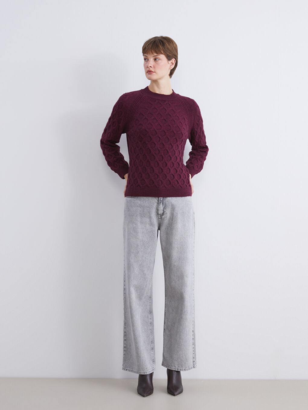 Crew Neck Self-Patterned Women's Knitwear Sweater-2