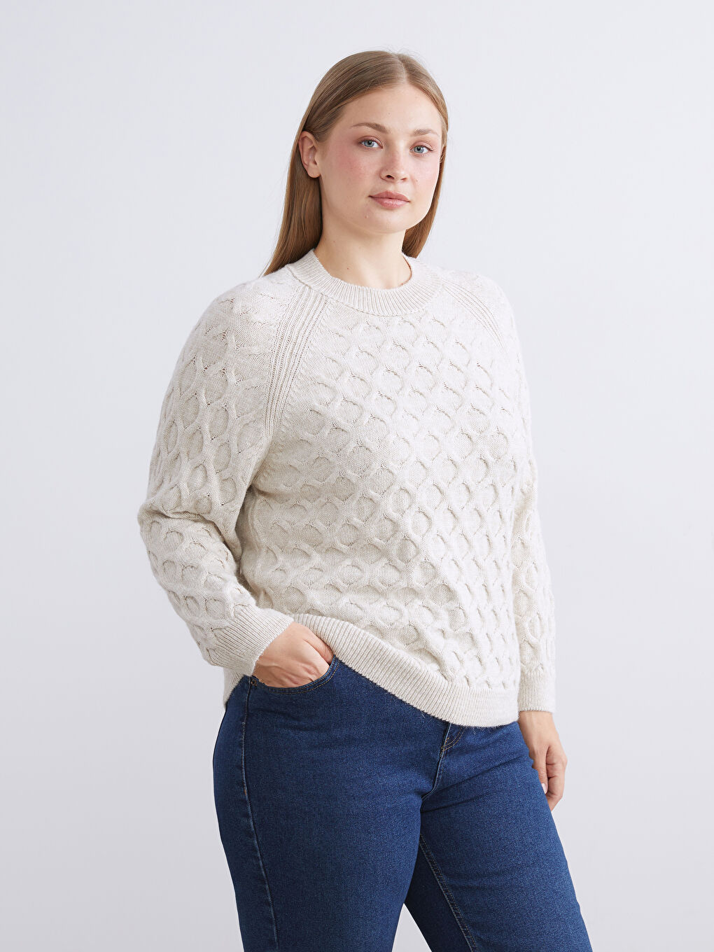 Crew Neck Self-Patterned Women's Knitwear Sweater-1