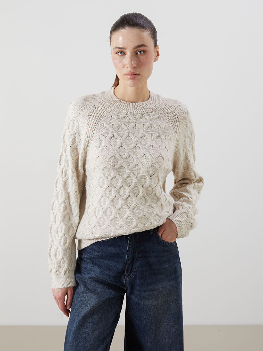 Crew Neck Self-Patterned Women's Knitwear Sweater