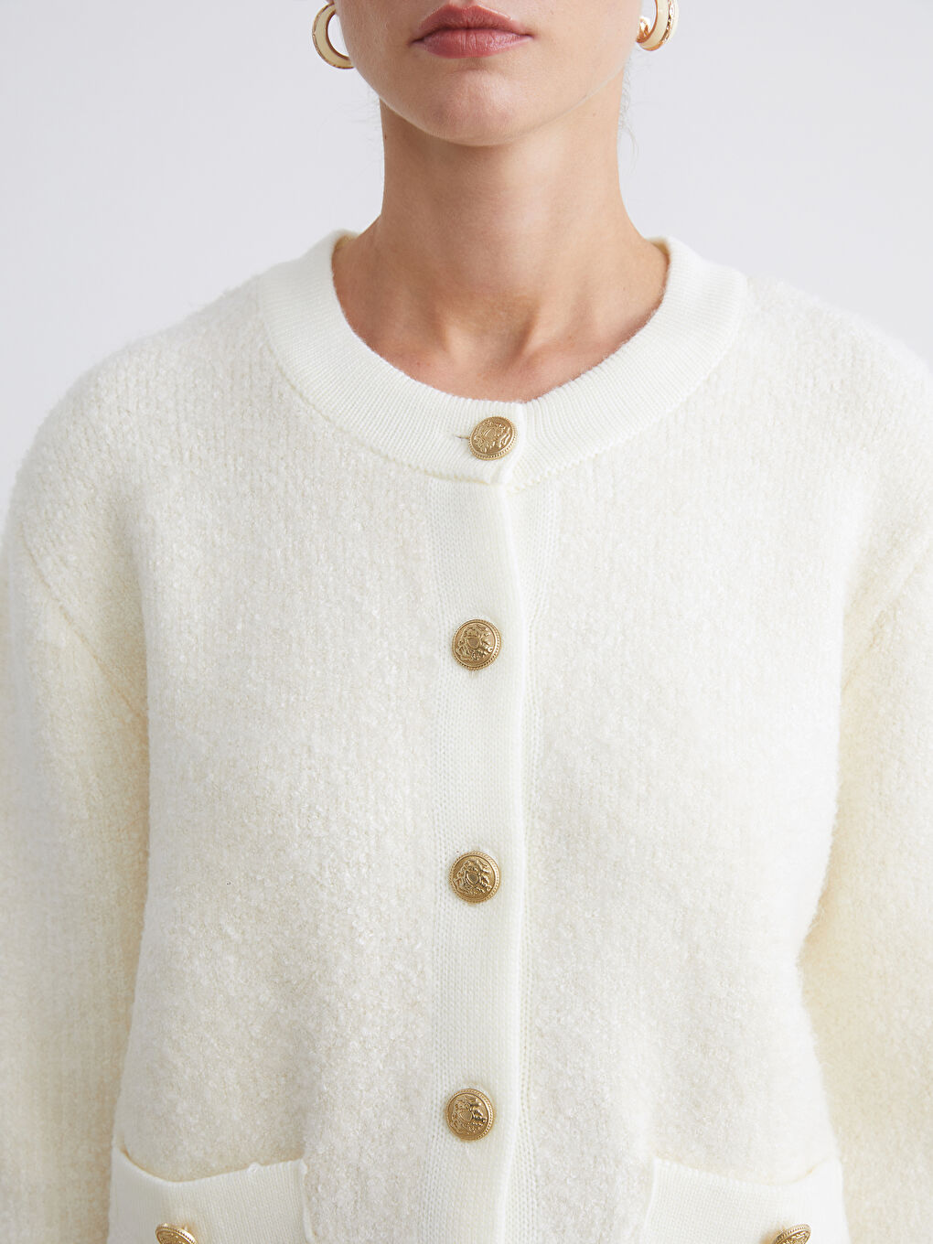 Ekru Bisiklet Yaka Kadın Triko Hırka-2