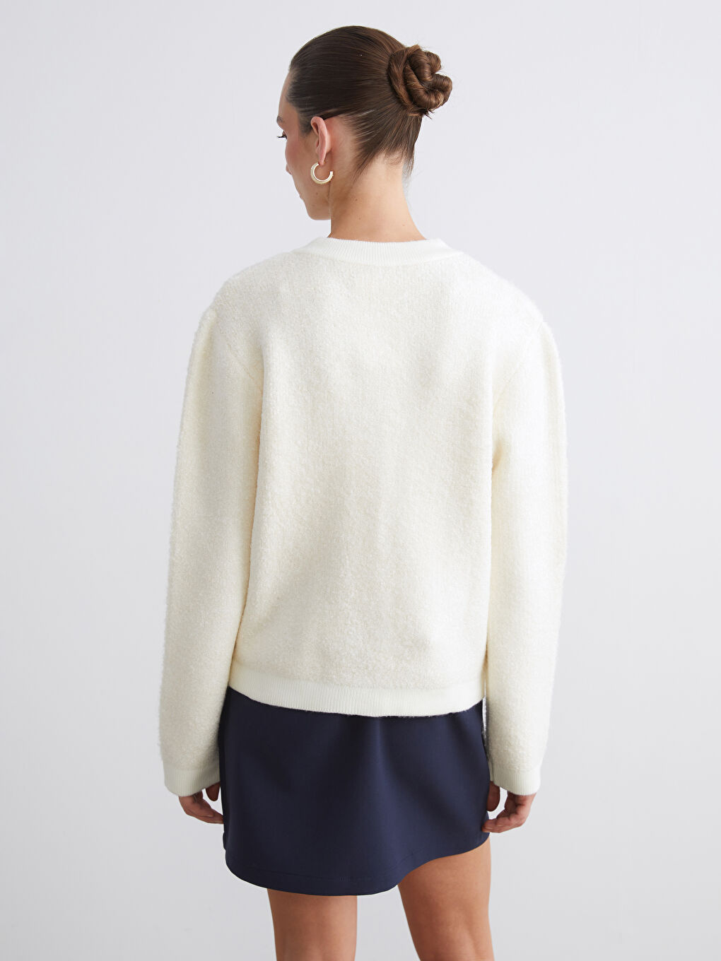 Ekru Bisiklet Yaka Kadın Triko Hırka-3