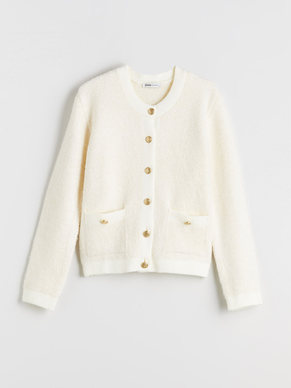 Ekru Bisiklet Yaka Kadın Triko Hırka-4