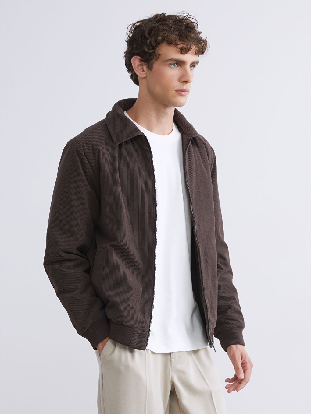 Kahverengi Standart Kalıp Gömlek Yaka Kadife Erkek Mont