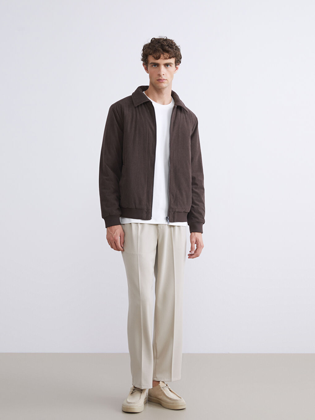 Kahverengi Standart Kalıp Gömlek Yaka Kadife Erkek Mont-1