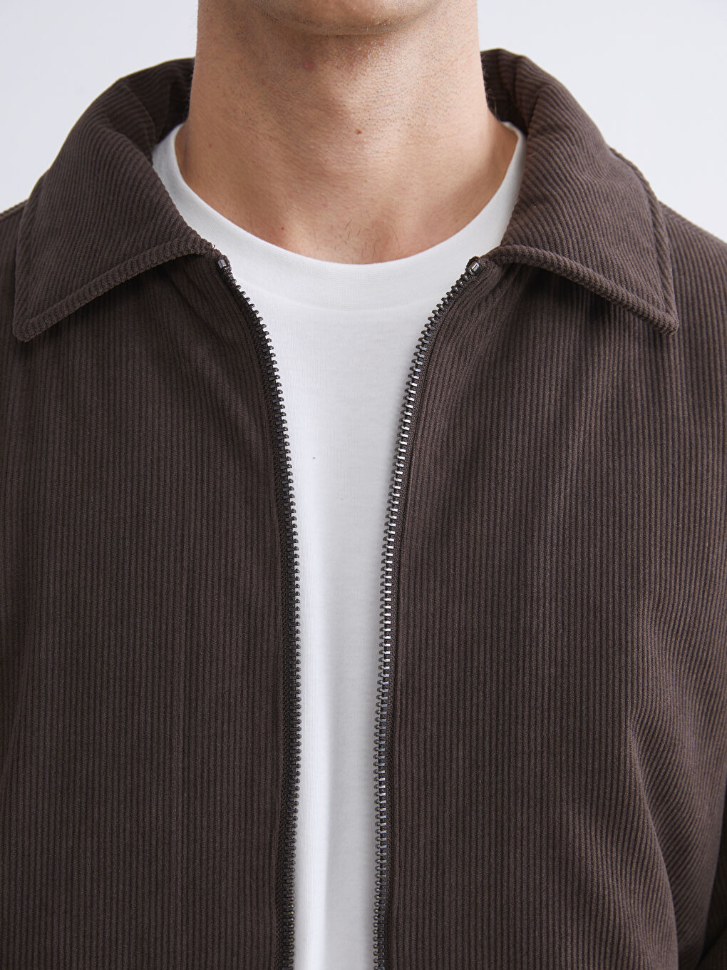 Kahverengi Standart Kalıp Gömlek Yaka Kadife Erkek Mont-2