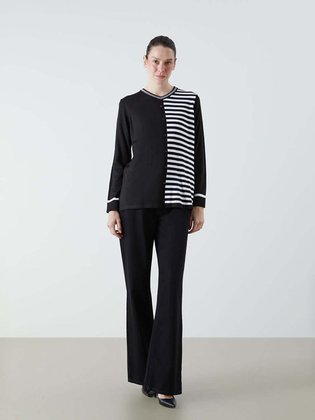 LCW Grace V Neck Striped Women's Knitwear Sweater -W5EU76Z8-LEG