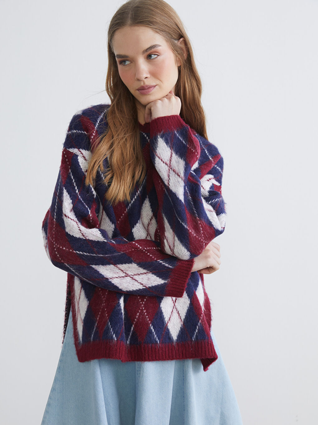 Argyle Pattern Oversize Women's Knitwear Sweater