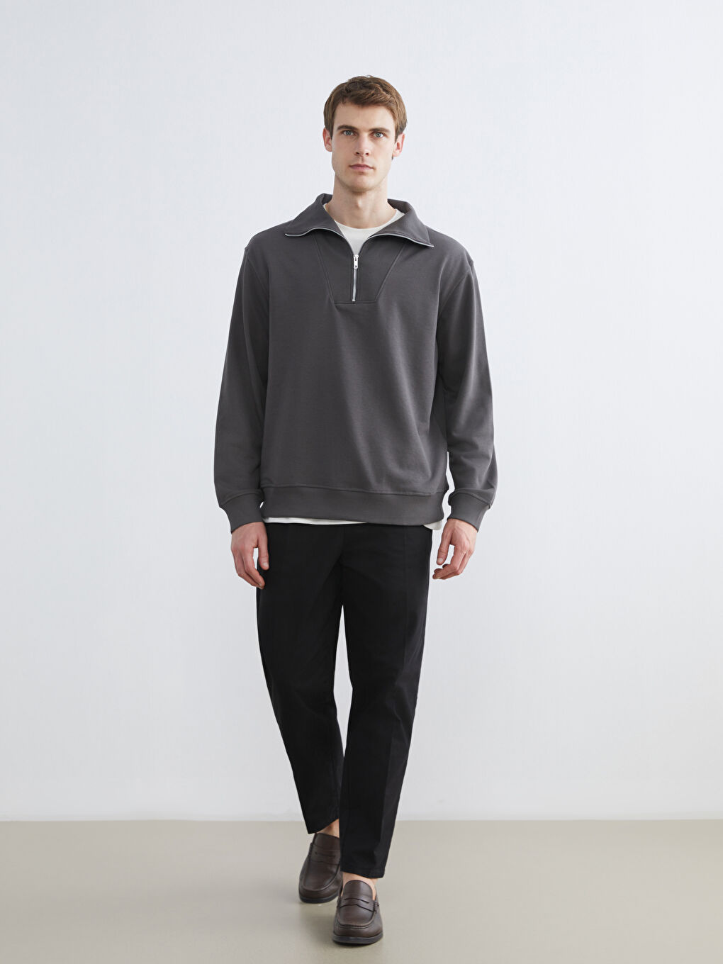Antrasit Fermuarlı Dik Yaka Erkek Sweatshirt-1