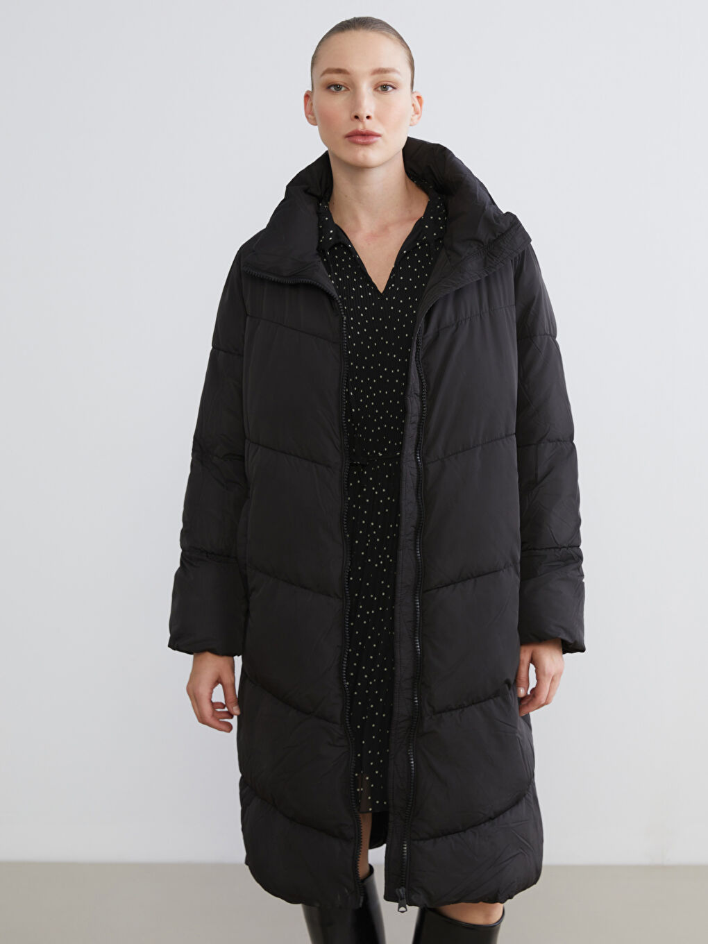 Funnel Neck Quilted Oversize Women's Puffer Coat-1