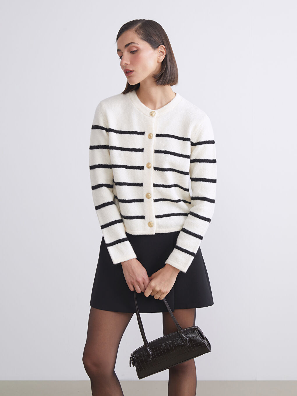 LCW Vision Crew Neck Striped Women's Knitwear Cardigan -W5EY02Z8-LEG
