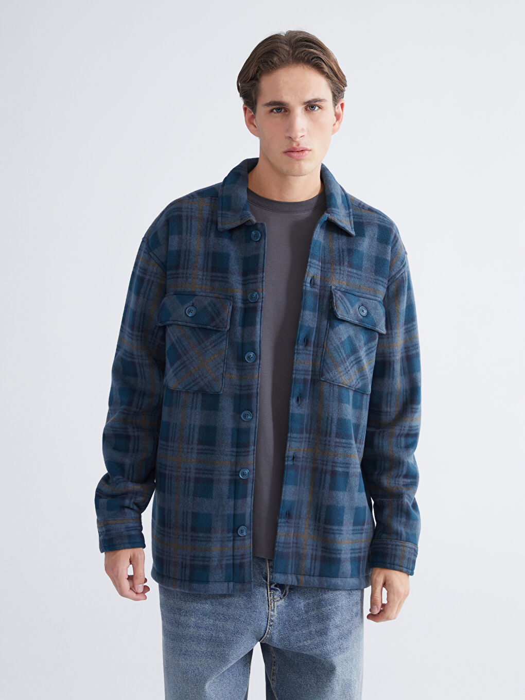 Petrol Rahat Kalıp Uzun Kollu Ekose Erkek Gömlek Ceket