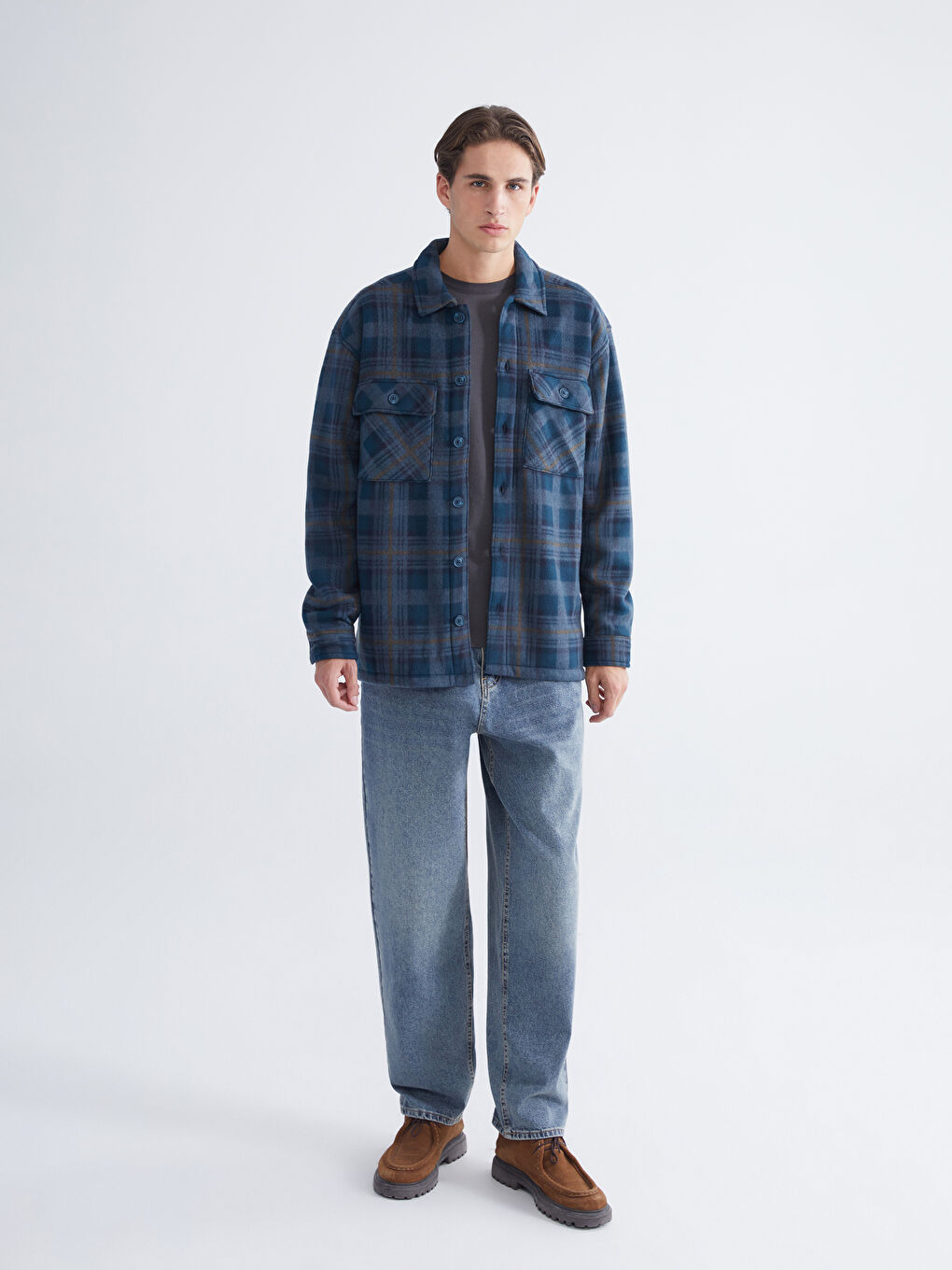 Petrol Rahat Kalıp Uzun Kollu Ekose Erkek Gömlek Ceket-3