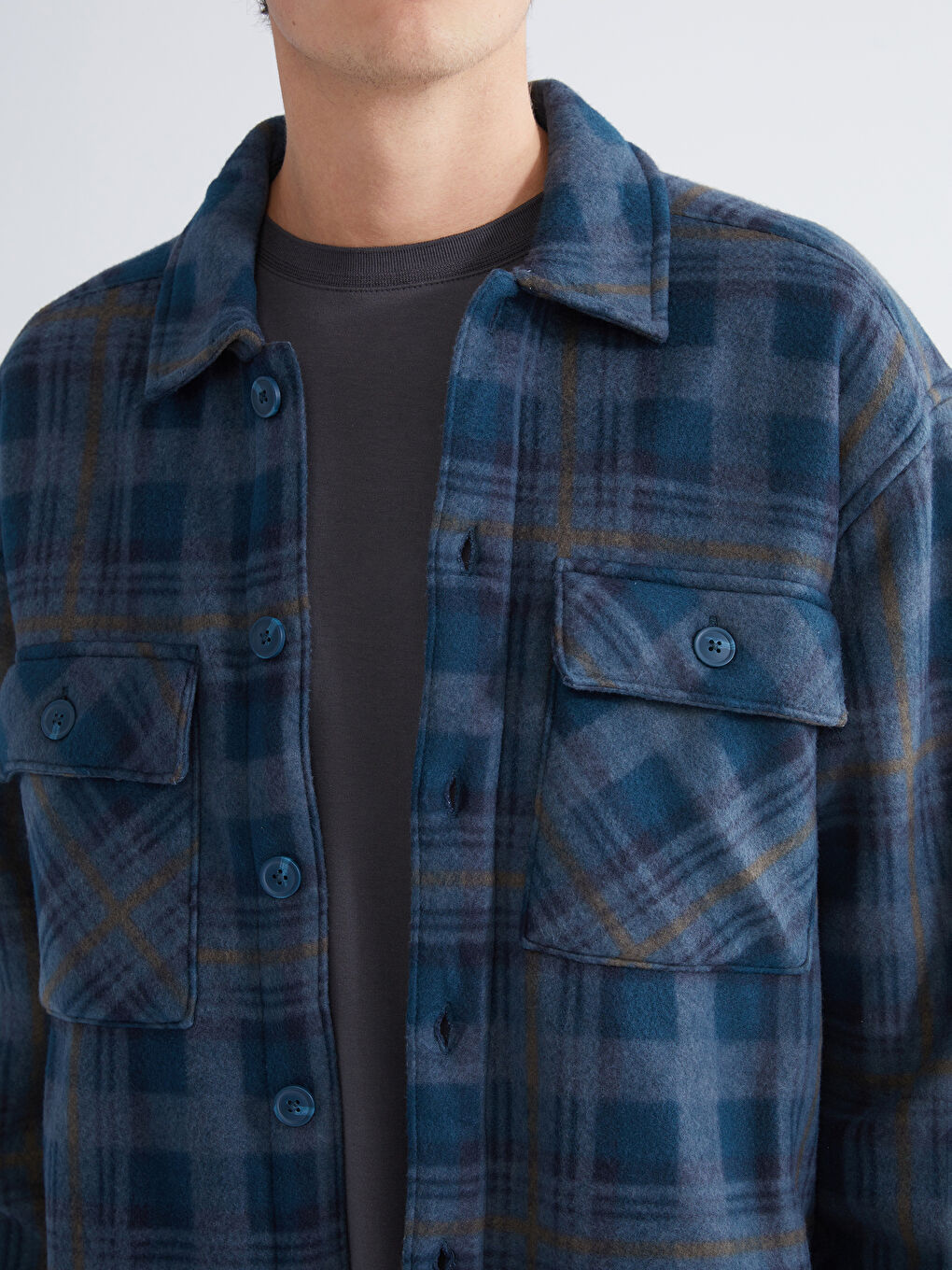 Petrol Rahat Kalıp Uzun Kollu Ekose Erkek Gömlek Ceket-5