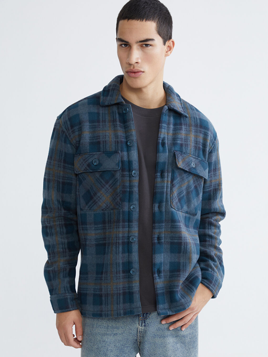 Petrol Rahat Kalıp Uzun Kollu Ekose Erkek Gömlek Ceket-1