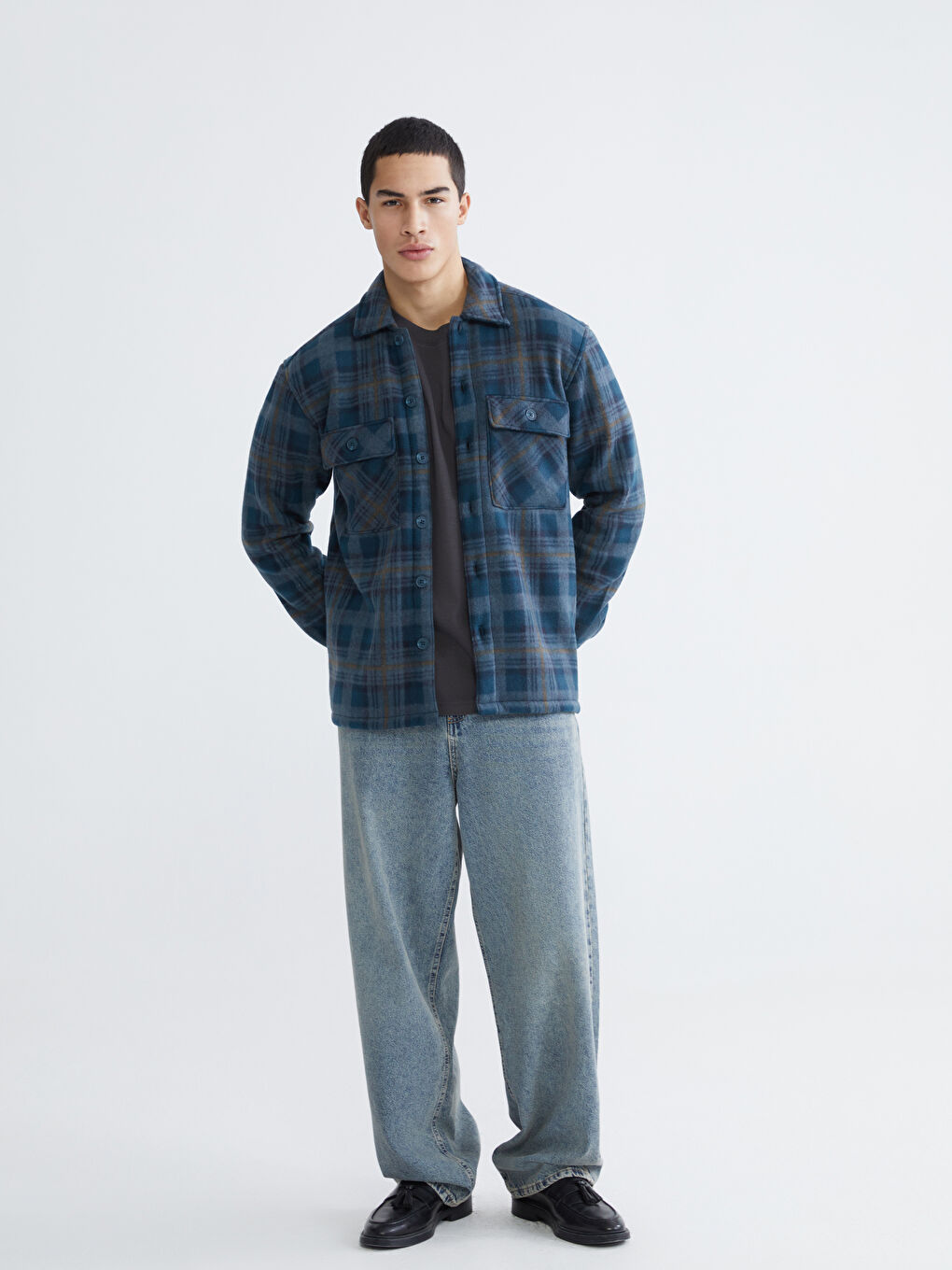 Petrol Rahat Kalıp Uzun Kollu Ekose Erkek Gömlek Ceket-2