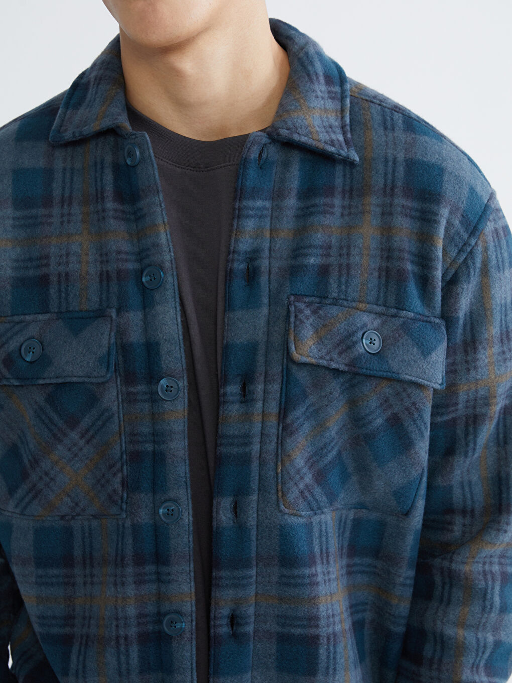 Petrol Rahat Kalıp Uzun Kollu Ekose Erkek Gömlek Ceket-4