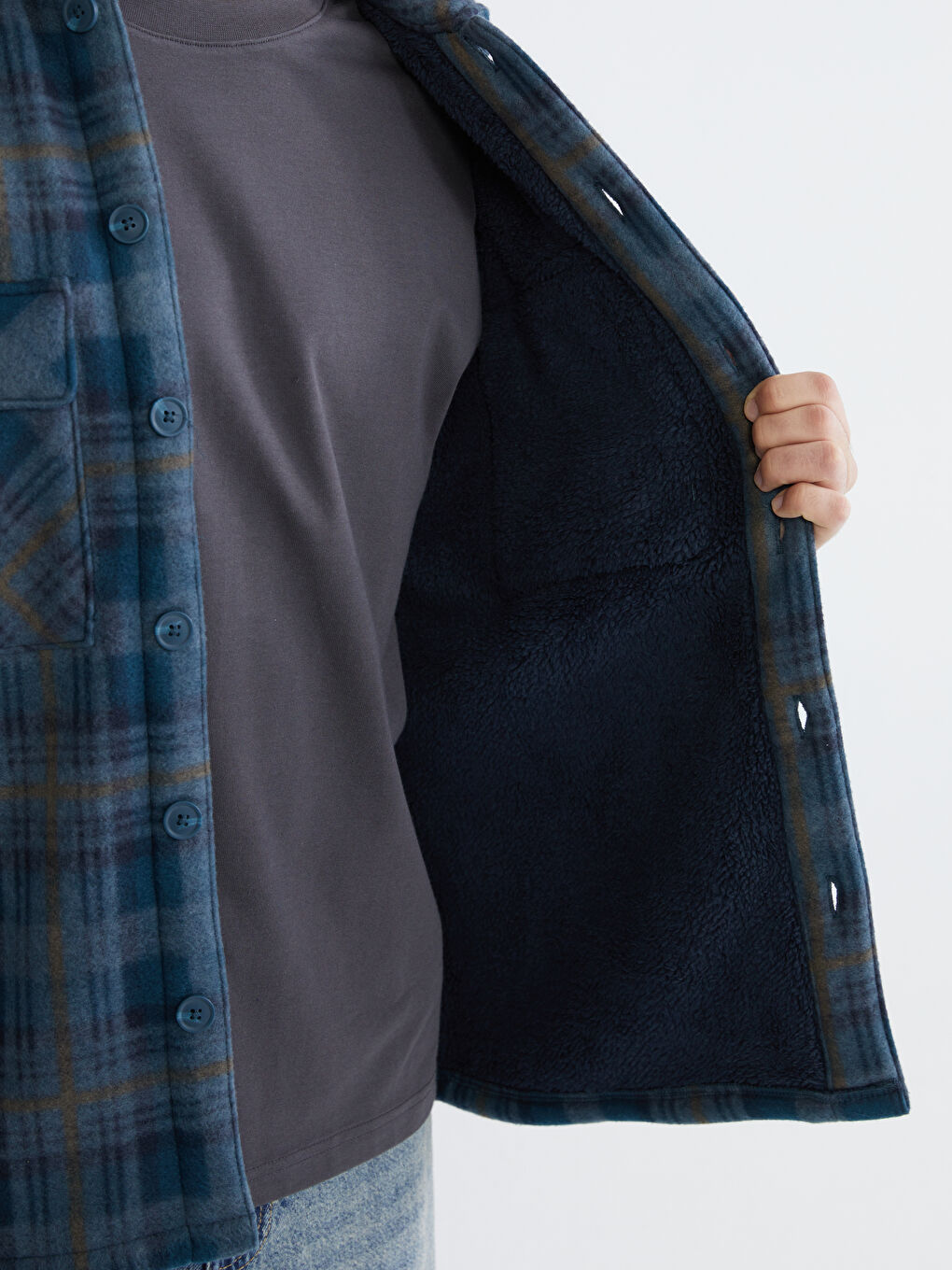 Petrol Rahat Kalıp Uzun Kollu Ekose Erkek Gömlek Ceket-6