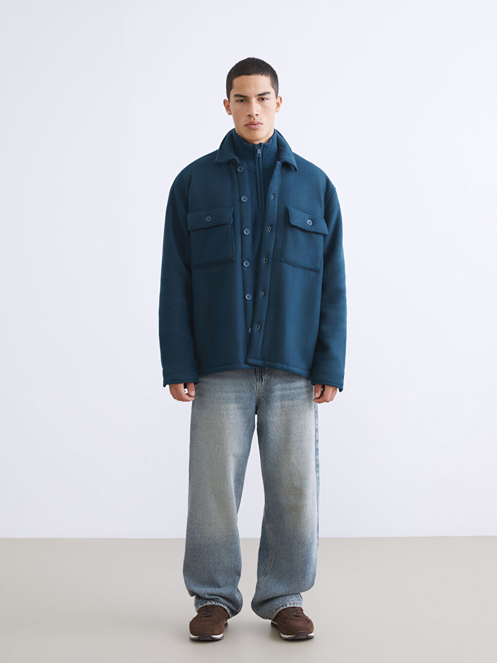 Petrol Rahat Kalıp Uzun Kollu Erkek Gömlek Ceket-1