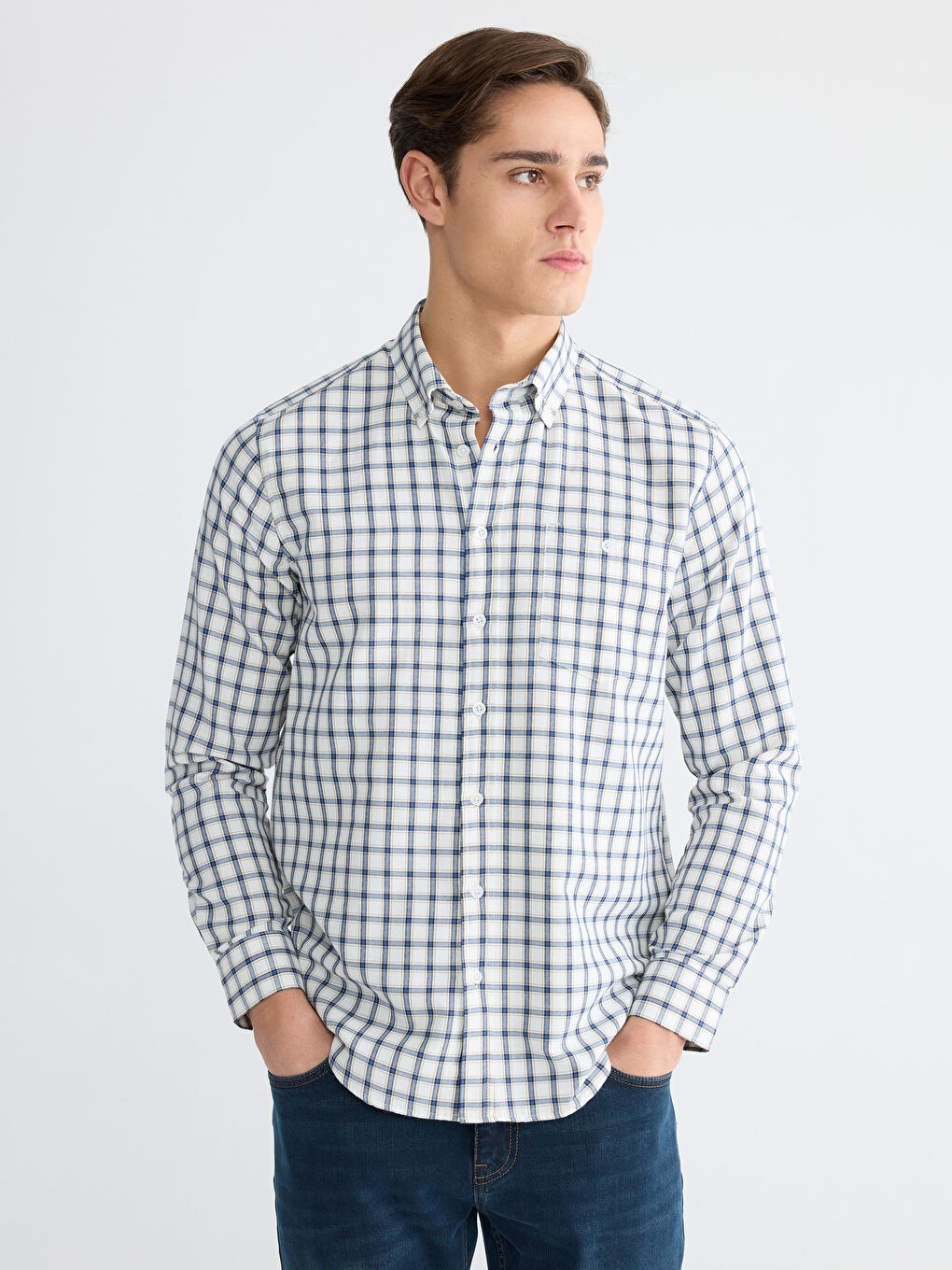 Bej Regular Fit Ekose Gabardin Erkek Gömlek