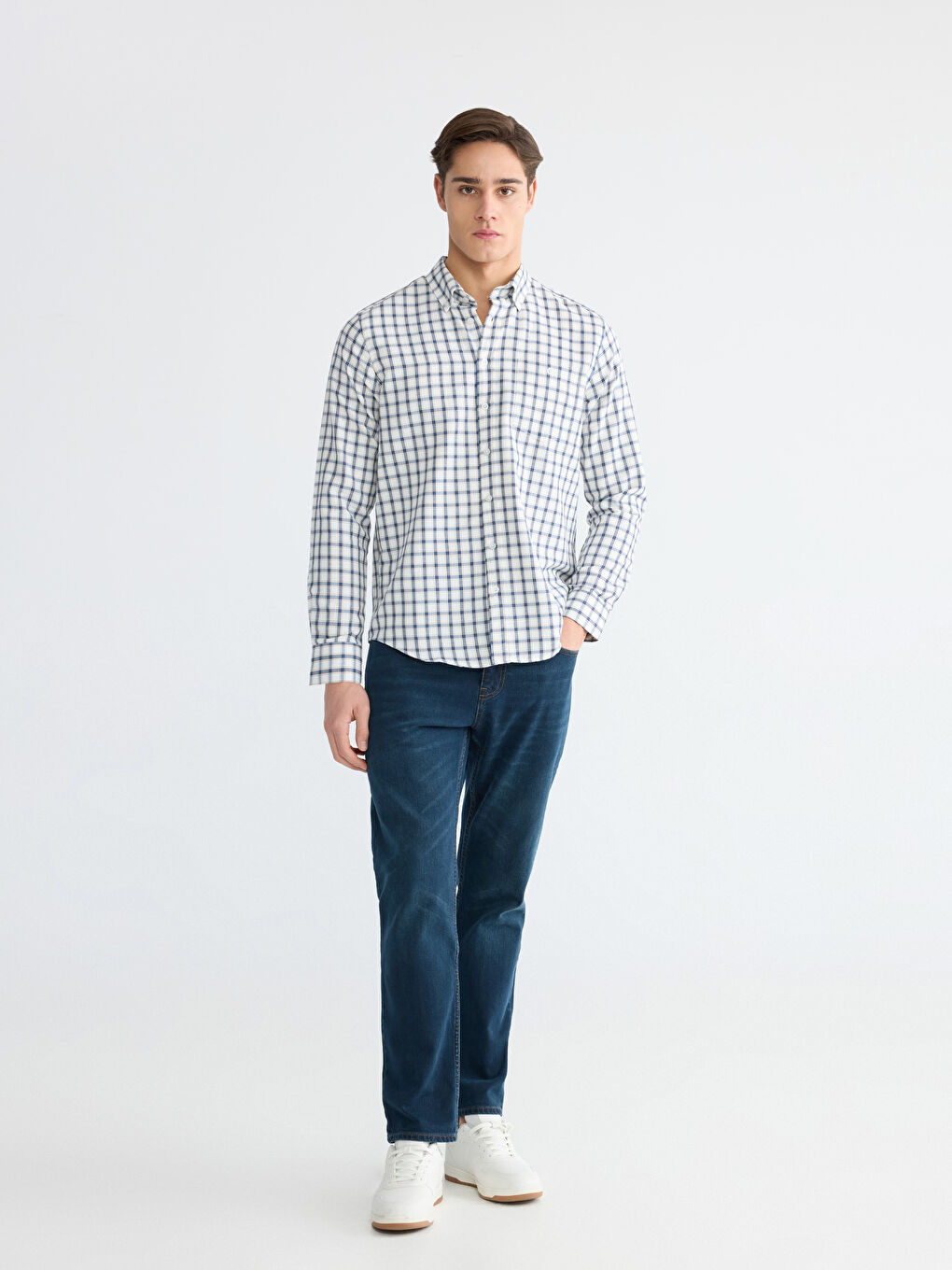 Bej Regular Fit Ekose Gabardin Erkek Gömlek-1