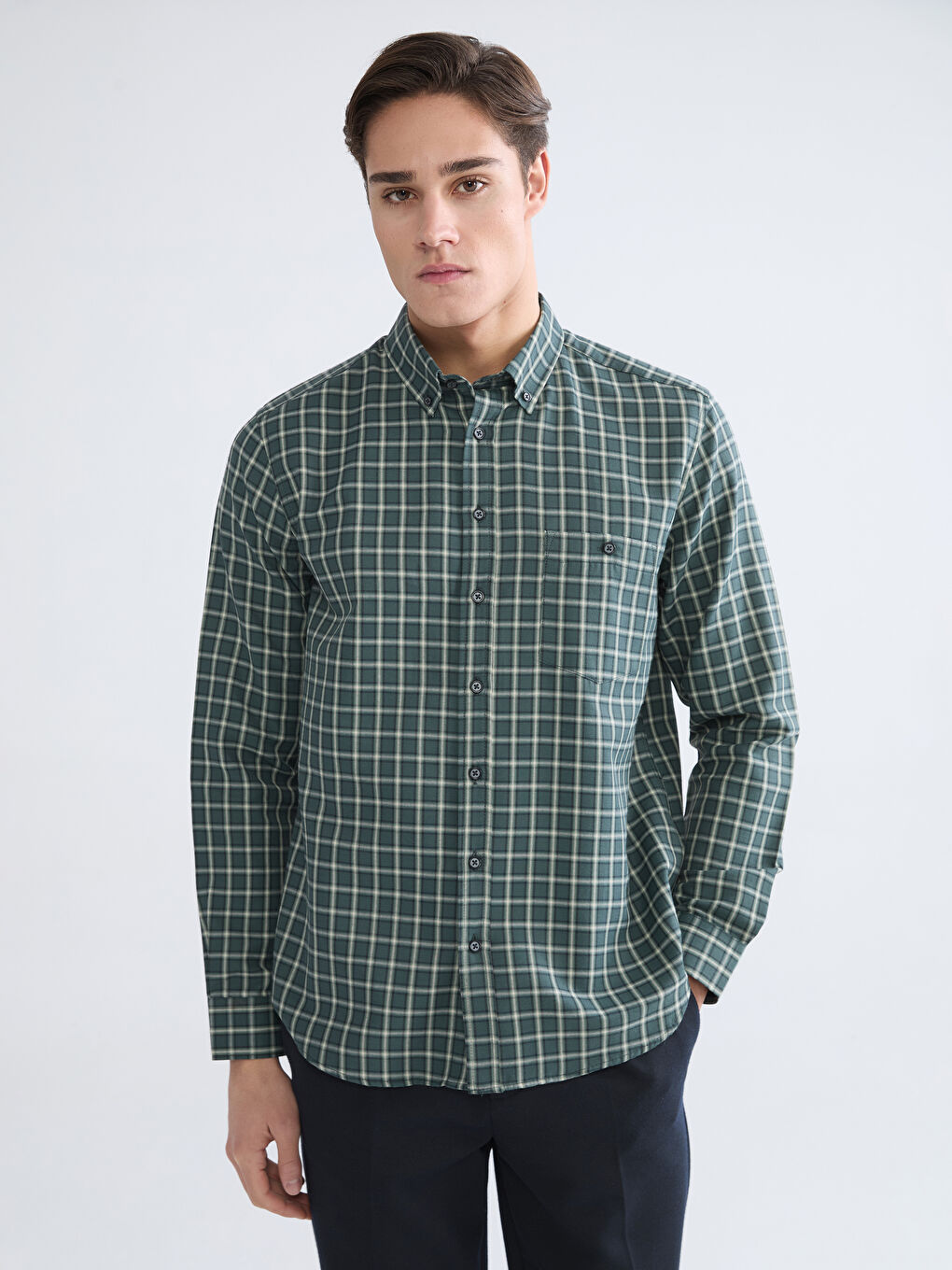 Haki Regular Fit Ekose Gabardin Erkek Gömlek