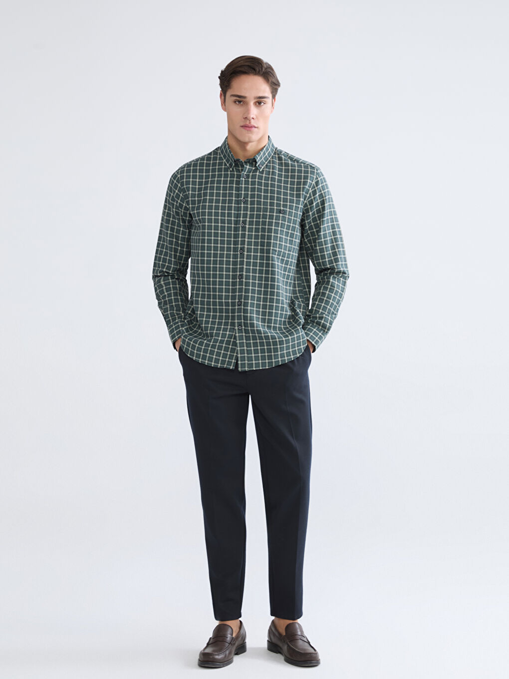 Haki Regular Fit Ekose Gabardin Erkek Gömlek-1