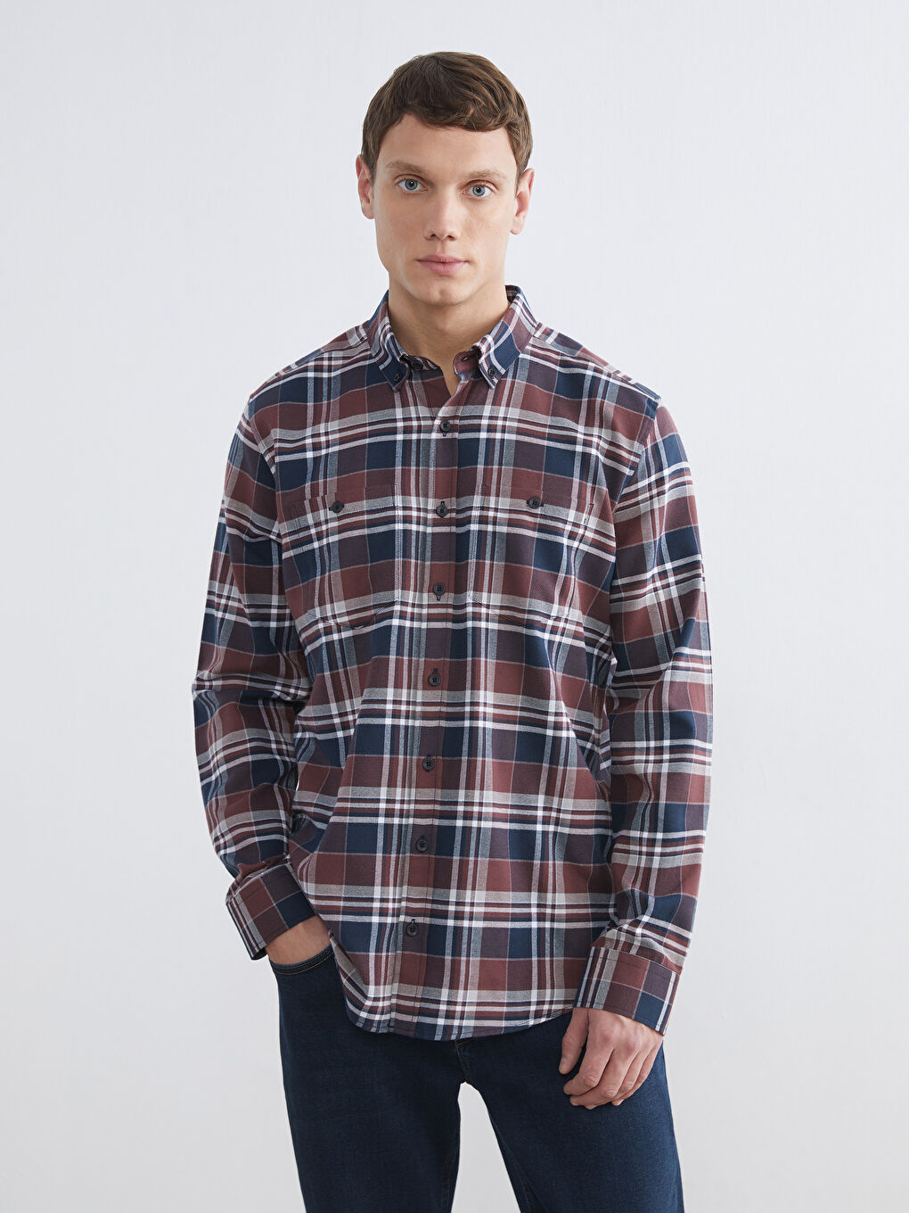 Bordo Regular Fit Ekose Gabardin Erkek Gömlek