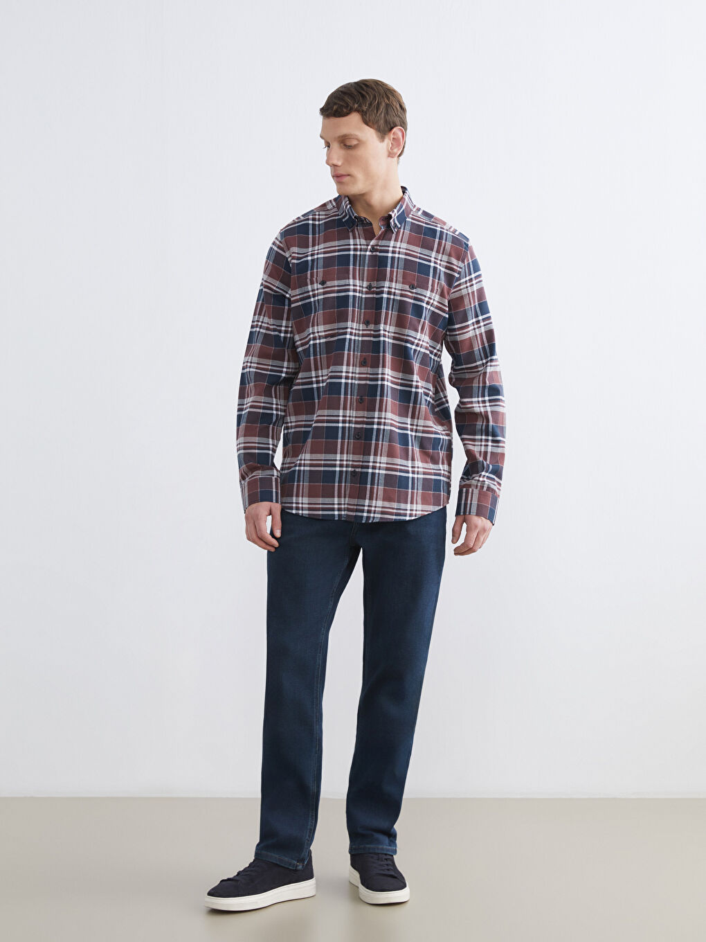 Bordo Regular Fit Ekose Gabardin Erkek Gömlek-1