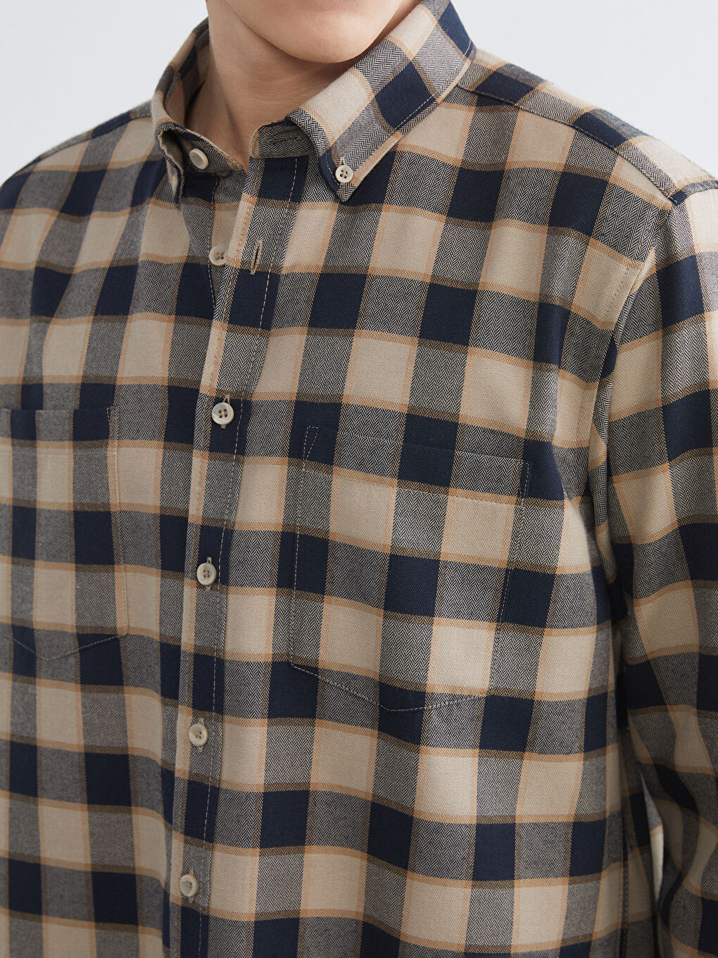 Bej Uzun Kollu Ekose Desenli Erkek Gömlek-2