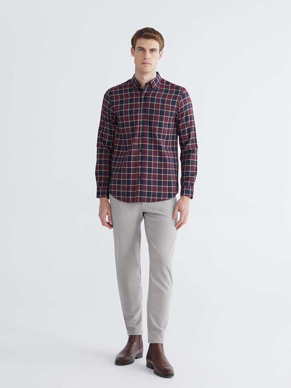 Bordo Uzun Kollu Ekose Desenli Erkek Gömlek-1