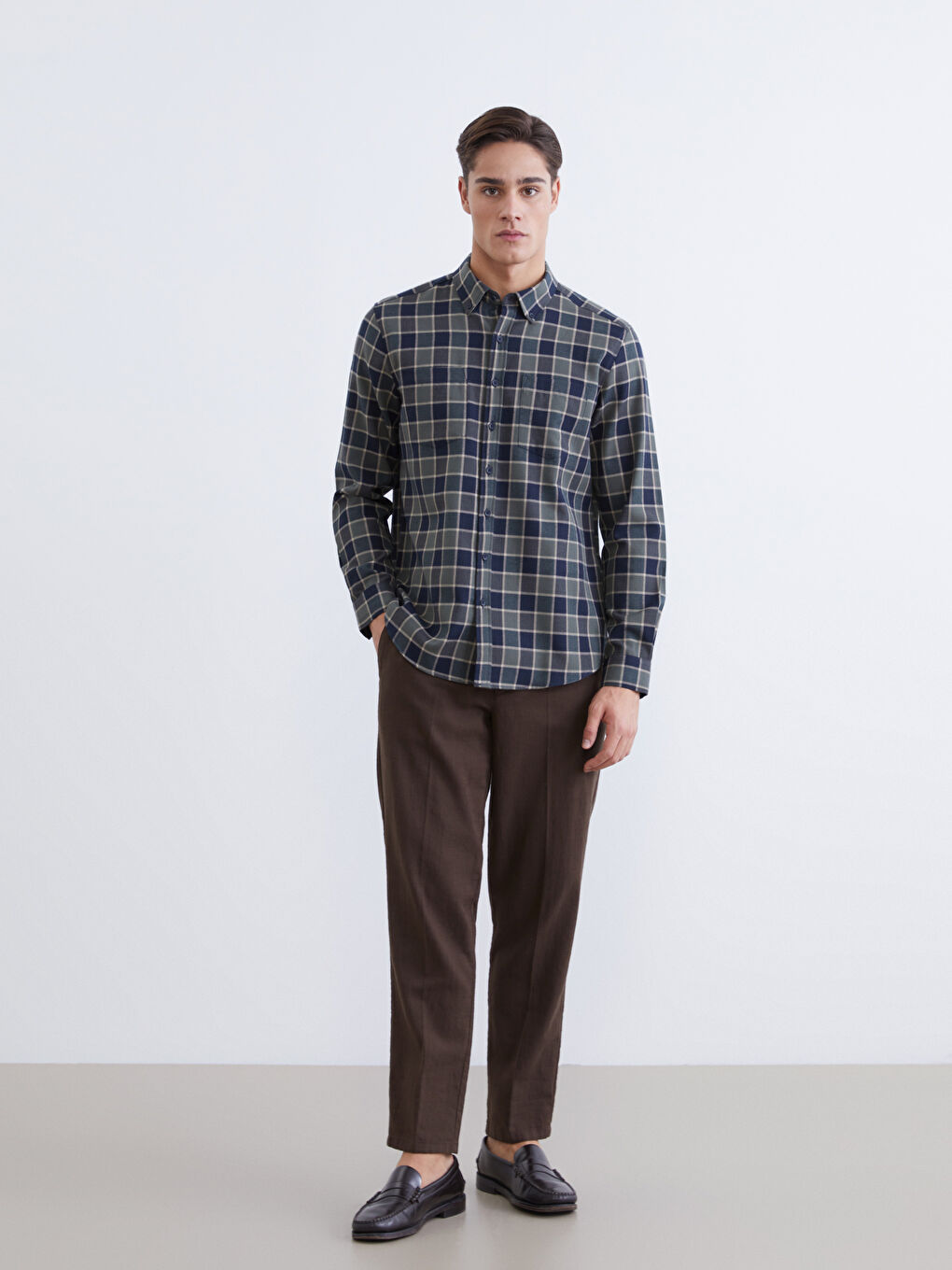 Yeşil Uzun Kollu Ekose Desenli Erkek Gömlek-1