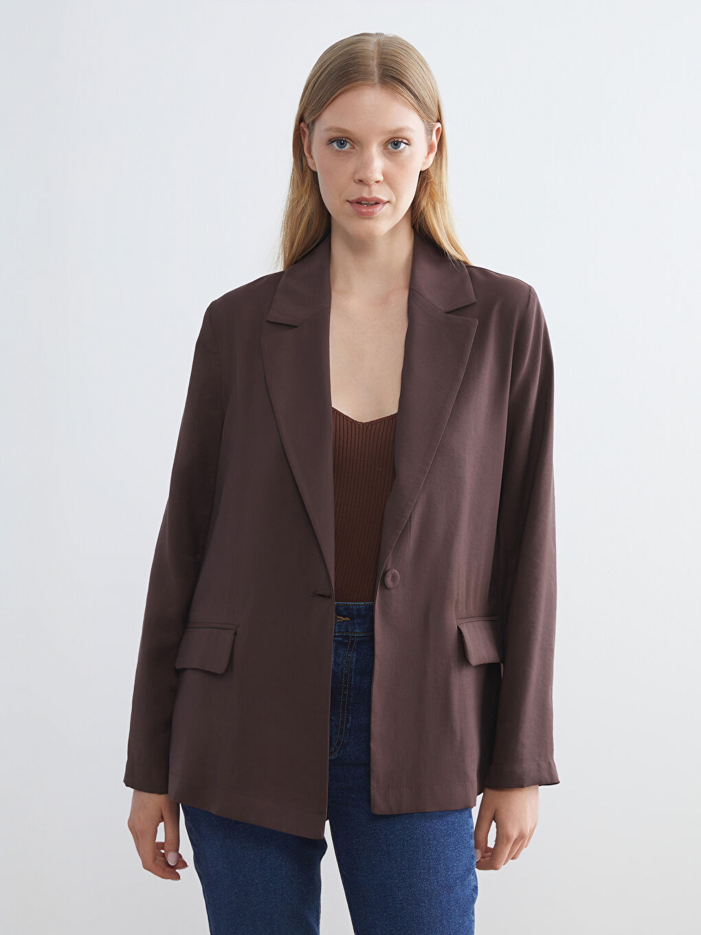 Kahverengi Gabardin Kadın Blazer Ceket