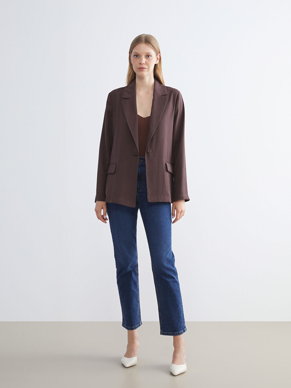 Kahverengi Gabardin Kadın Blazer Ceket-1