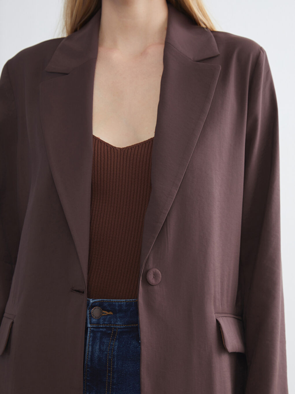 Kahverengi Gabardin Kadın Blazer Ceket-2
