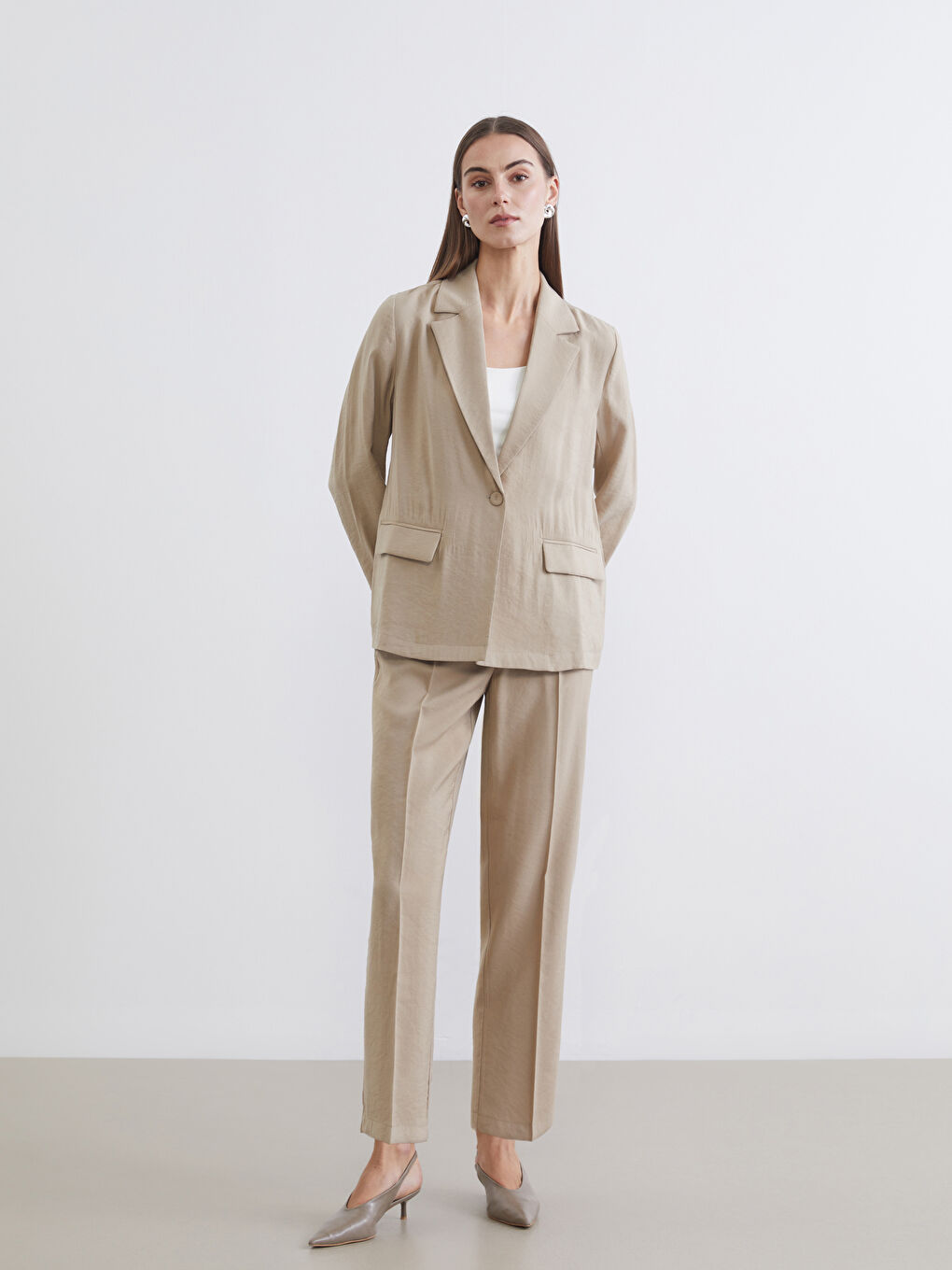 Bej Gabardin Kadın Blazer Ceket-1