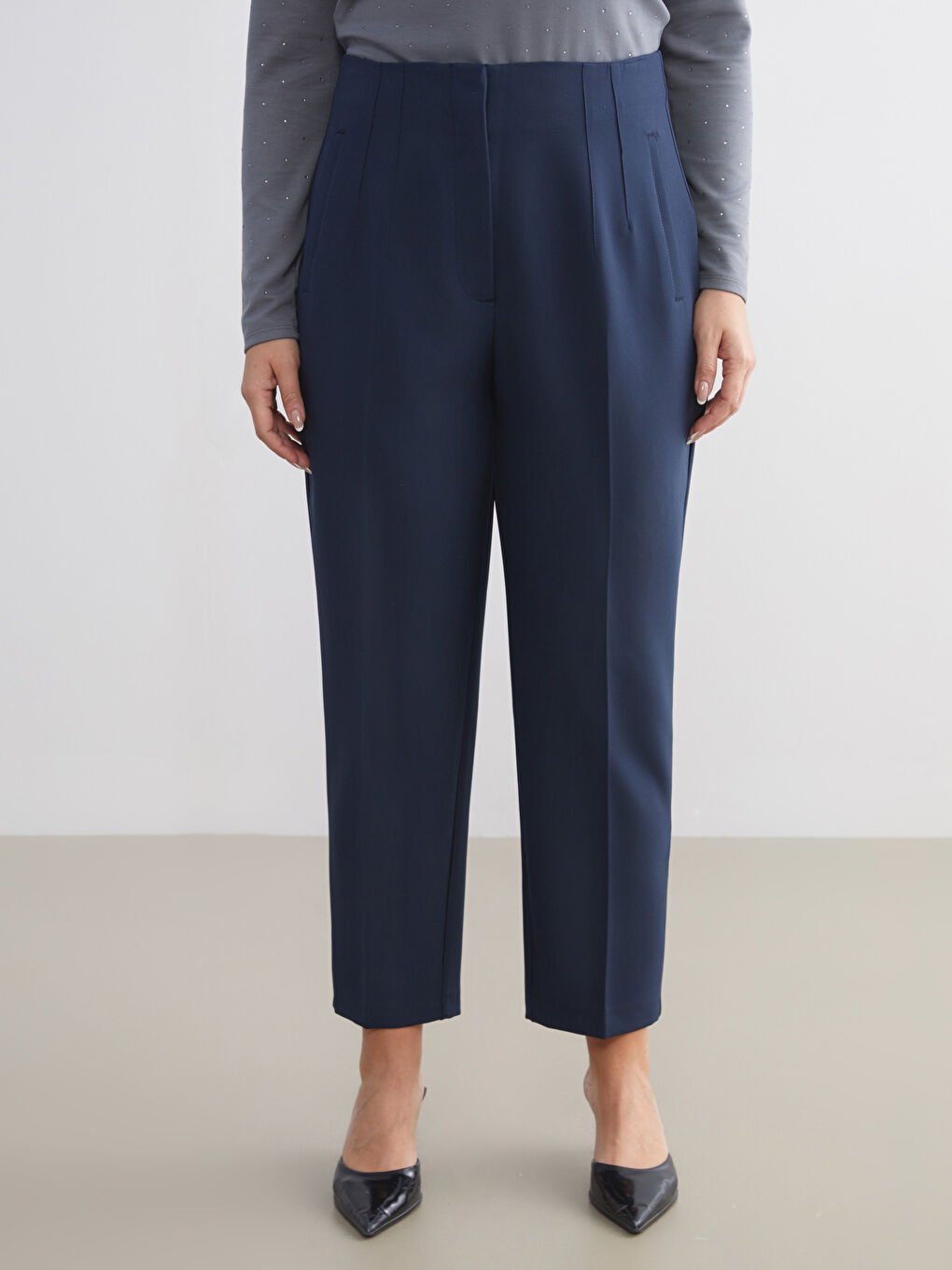 Lacivert Yüksek Bel Cigarette Pileli Kadın Pantolon-5